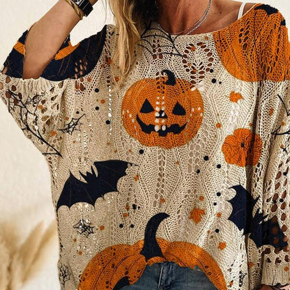 🎃 Häxiga Mysiga Vibes – Stickad Halloweenpumpa-tröja